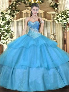 Elegante aqua azul vestidos de bola cariño sin mangas de tul piso de longitud de encaje con cuentas y rizado capas vestido de baile vestido de fiesta