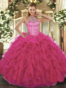 Vestido de quinceañera sin mangas con cordones en color rosa y rosa