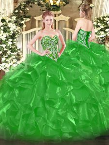 Último piso longitud verde dulce 16 vestido novia sin mangas con cordones