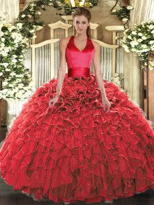 escote halter top rojo volantes dulce 16 vestidos sin mangas lace up