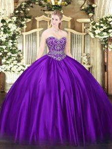 púrpura con cordones de novia rebordear vestidos de bola de membrillo satinado sin mangas