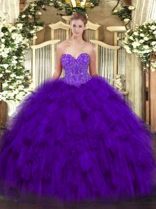 longitud del piso de organza sin mangas con cordones dulce 16 vestidos de color púrpura con abalorios y volantes