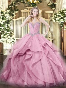 Vestido de novia personalizado con cordones rosas y volantes de quinceañera sin mangas