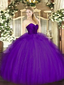 Diseño personalizado tul púrpura con cremallera amor sin mangas piso vestido de fiesta vestido de fiesta de volantes