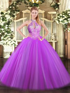 Precioso lentejuelas 15to vestido de cumpleaños púrpura con cordones hasta el suelo sin mangas