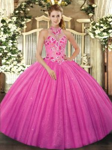 Admirable rosa sin mangas piso largo rebordear y bordado con encaje vestido de quinceañera