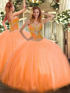 Preciosa novia sin mangas de 15 años de longitud del piso del vestido de cumpleaños rebordear tul de naranja
