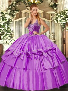Fabulosos vestidos de bola lila de organza y tafetán sin mangas rebordear y rizado capas longitud del piso con cordones dulce vestido 16