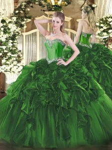Trajes de baile verde oscuro confeccionados a la medida sin mangas de organza sin mangas de encaje con cuentas y volantes dulces 16 vestidos