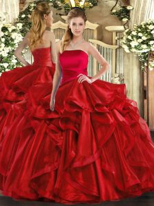 Fabuloso encaje rojo sin tirantes volantes dulce 16 vestidos de organza sin mangas