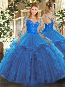 Fabuloso encaje y volantes dulces 16 vestido de quinceañera azul con cordones manga larga hasta el suelo