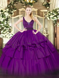 Fantásticas correas de cremallera púrpuras rebordear y capas rizadas 15to vestido de cumpleaños organza sin mangas