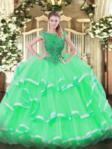 vestidos de bola de manzana verde organza scoop sin mangas rebordear y con volantes capas longitud del piso con cordones hasta el 15 cumpleaños vestido