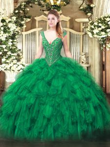 Excepcionales vestidos de bola verde con cuello en v sin mangas de organza hasta el suelo con cordones y volantes vestidos de quinceañera