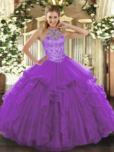 Vestidos de fiesta ideales de quinceañera de color púrpura y dulce de quince y quinceañera con ribete y bordado sin tirantes sin mangas con cordones arriba