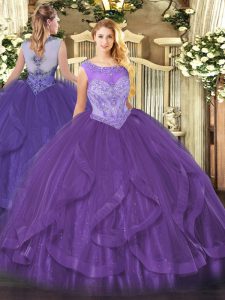 berenjena púrpura vestidos de bola rebordear y volantes vestidos de quinceañera con cordones tul sin mangas