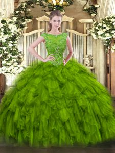 Cremallera de organza verde oliva romántica dulce 16 vestido de quinceañera sin mangas rebordear y volantes de la longitud del piso
