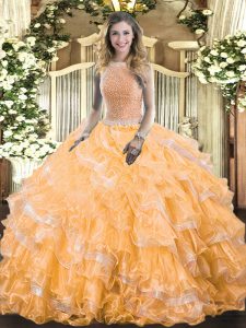 Vestidos de baile personalizados vestido de fiesta vestido de fiesta naranja de organza de cuello alto sin mangas hasta el suelo encaje