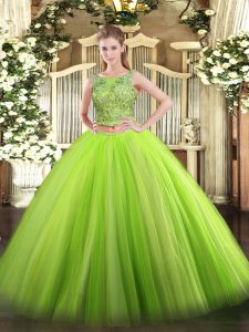 Moda verde sin mangas piso longitud rebordear encaje vestidos de quinceañera