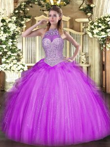 Fantástico vestido de fiesta de tul con cordones de tul color lila sin mangas y volantes