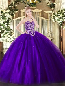 Sofisticados vestidos de bola púrpura amor palabra de longitud sin mangas del piso de tul encaje con cuentas dulce vestido 16