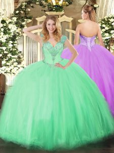 vestidos de bola de apple verde con cuello en v sin mangas de tul longitud del piso lace up rebordear dulce 16 vestidos