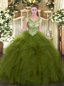 Elegantes vestidos de baile dulce 16 vestido verde oliva pala de tul sin mangas hasta el suelo con cordones