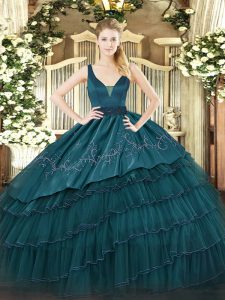 Precioso piso de longitud vestidos de bola sin mangas verde azulado dulce vestido de la cremallera 16