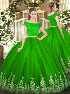 Dramática cremallera de tul verde fuera del hombro mangas cortas vestido de fiesta de baile vestido de fiesta