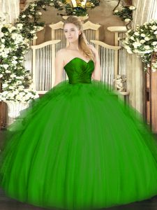 vestidos de bola verde novia sin mangas de tul de la longitud del piso con cremallera volantes vestido de quinceañera