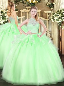 Fabuloso verde manzana dos piezas de encaje vestidos de quinceañera con cremallera de tul sin mangas
