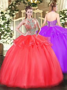 La mayoría de los populares vestidos de bola de coral rojo rebordear y volantes dulce 16 vestido de encaje hasta la longitud del piso sin mangas de tul