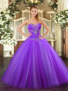 berenjena vestidos de bola púrpura tul sweetheart sin mangas rebordear longitud del piso con cordones vestido de quinceañera