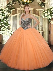 Encaje personalizado con cordones en color naranja rebordear vestidos de quinceañera sin mangas de tul
