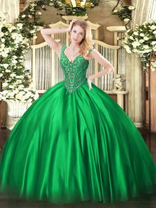 cuello en V verde con cordones rebordear dulce vestido de quinceañera sin mangas