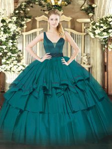 Bonito organza correas cremallera sin mangas rebordear y capas rizadas vestido de baile vestido de fiesta en verde azulado