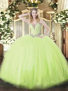Mejor venta de vestidos de bola verde amarillo cariño sin mangas de tul longitud del piso con cordones rebordear vestido dulce 16