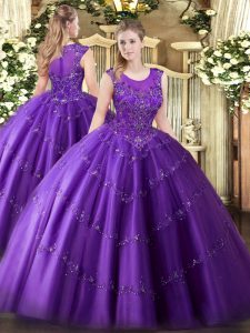 Brillante sin mangas de color púrpura rebordear piso y apliques vestido de baile vestido de bola con cremallera