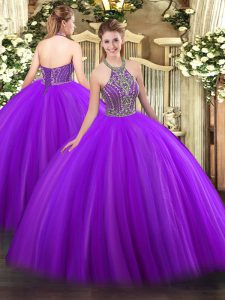 La parte superior halter púrpura más popular con cordones rebordear dulce 16 vestidos sin mangas