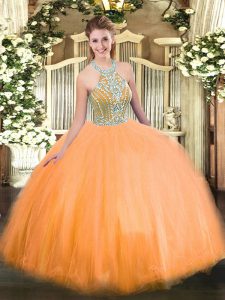 vestidos de bola naranja sin tirantes top sin mangas de tul piso de longitud de encaje rebordear vestido de quinceañera