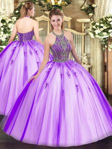 berenjena púrpura con cordones halter top rebordear vestido de bola vestido de fiesta tul sin mangas