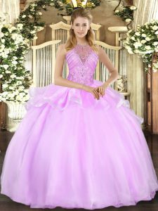Atractivos vestidos de bola lila rebordear vestido de baile vestido de fiesta con cordones organza sin mangas longitud del piso