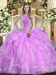 Elegante vestido de fiesta sin mangas de organza sin mangas con cordones en lila con pedrería y volantes