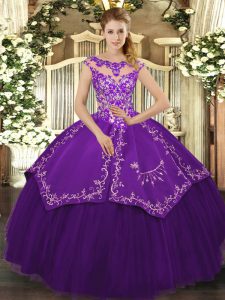 Venta caliente vestidos de bola purpura primicia mangas de satén y tul piso longitud con cordones rebordear y bordado dulce 16 vestidos