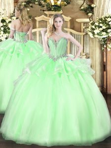 Vestidos de fiesta verde manzana extravagantes rebordear vestidos de quinceañera con cordones de organza sin mangas