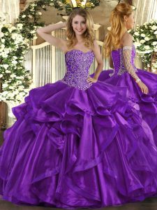 longitud del piso vestidos de bola de membrillo púrpura novia sin mangas con cordones