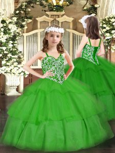 Gloriosos cordones verdes hasta correas que rebordean y capas con volantes niñas vestido del desfile al mayor organza sin mangas