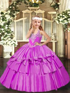 Gran organza de color lila con cordones cuello en v sin mangas hasta el suelo niñas vestidos de desfile abalorios y volantes capas
