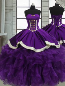 Bonitos vestidos de fiesta dulce 16 vestido de quinceañera púrpura satén corazón y organza sin mangas hasta el suelo sin mangas hasta