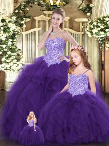 Encantadora berenjena púrpura vestidos de bola abalorios y volantes vestidos de quinceañera con cordones de longitud del piso sin mangas